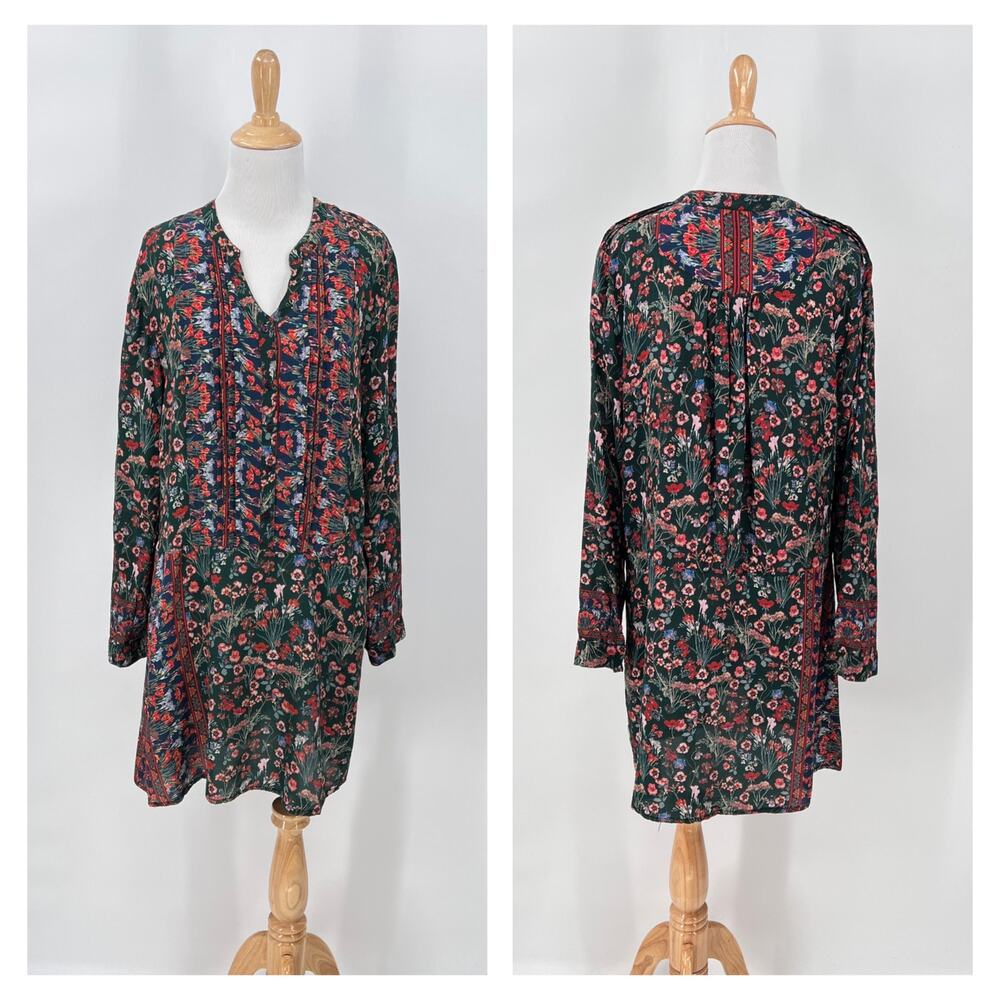 TOLANI Silk Floral Print Dress Womens Large Green Multi Drop Waist Mini Boho